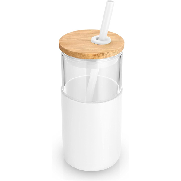 16 oz Glass Tumbler med sugerør og bambuslokk, gjenbrukbar iskaffekopp, smoothiekopper, tumbler med beskyttende silikonhylse - hvit