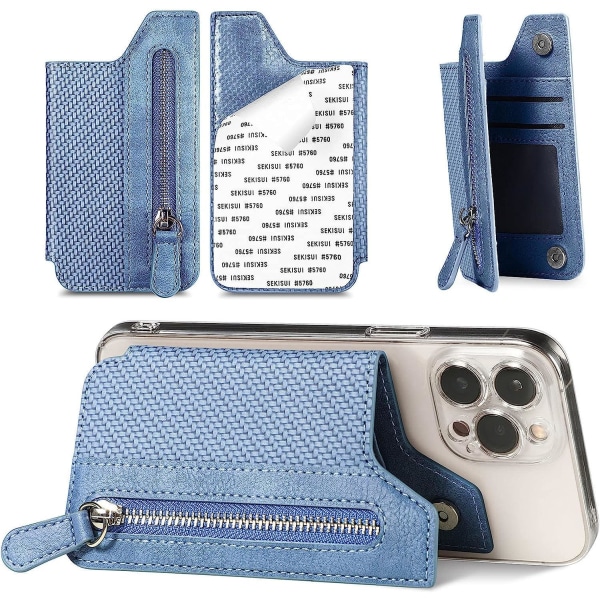 Multifunktionel selvklæbende telefonpung kortholder 3 i 1 kortholder Pung telefonholder PU læder telefonpung sleeve med lynlås Universa Blue