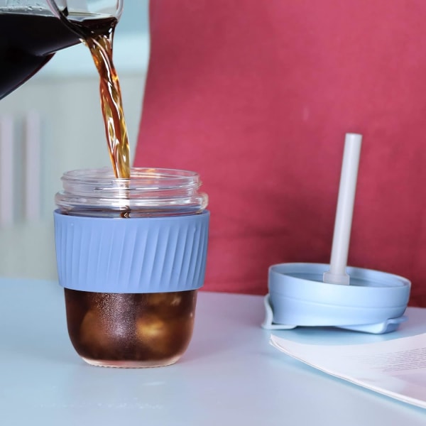 Glaskop Genanvendeligt rejsekrus med silikonehylster og strålåg til te, kaffe Hjemmekontor 350ML/12OZ Blå Blue