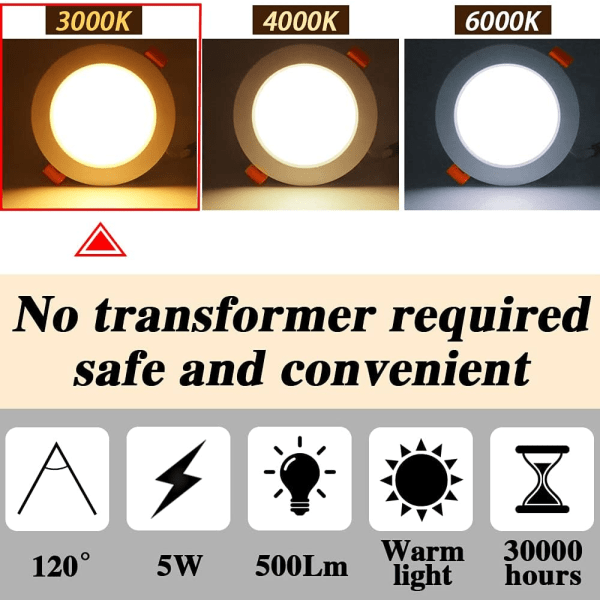 Pakkaus LED-upotettavat valonheittimet, 5W500LM=50W, IP44, 3000K lämmin valkoinen, AC220-240V, leikkaus 70-80mm (valkoinen) [Energiatehokkuusluokka A]