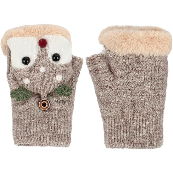 Women Girls Convertible Flip Knitted Glove Fleece Lining Fingerless Gloves Cartoon Winter Mittens Christmas Gift,Khaki