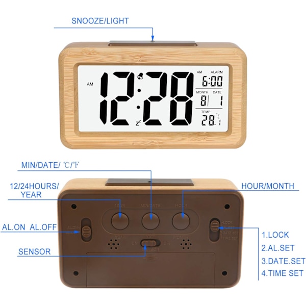 Enkel inställning digital väckarklocka i bambu med temperatur, digital väckarklocka, för sovrum