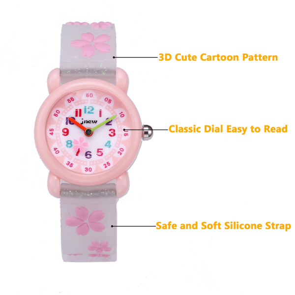 Barnklockor för flickor i åldrarna 3-10 år, analog kvartsklocka, söt 3D-tecknad barnklocka, silikonarmband, flickklocka pink