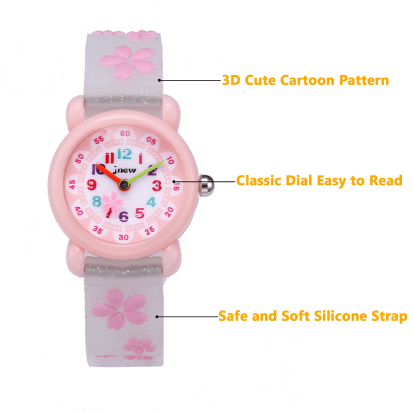 Lasten kellot 3-10 vuotiaille tytöille, analoginen watch, söpö 3D-sarjakuva watch, silikonirannekoru, watch pink