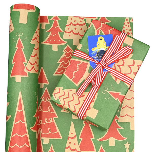 16m Roll of Kraft Red Tree Wrapping Paper Roll,Colorful Gift 100% Recyclable