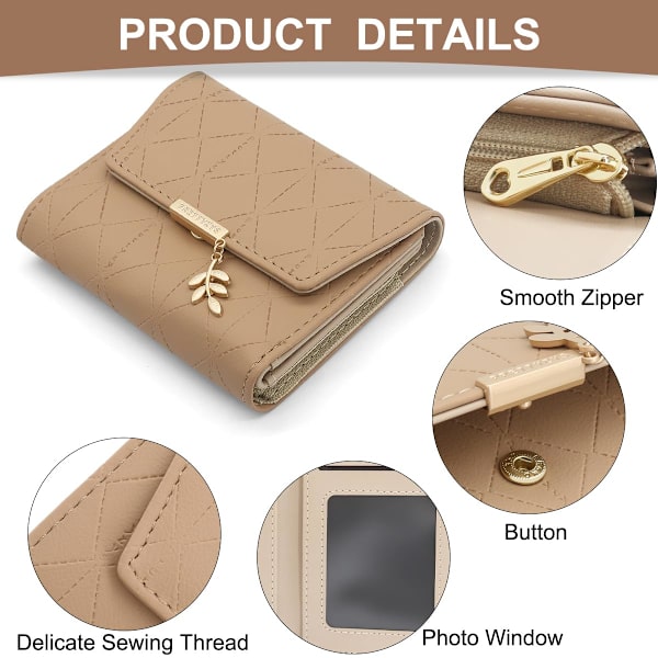 Dam plånbok plånbok PU läder plånbok för kvinnor liten dam plånbok med hänge, bifold plånböcker för kvinnor med mynt blixtlås och 6 kortplatser Light tan