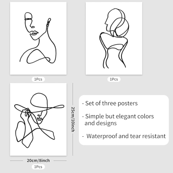 3 st Poster Minimalistisk Linjekonst Tryck ，Svart Vit Ansiktsritning Målningar Bildhängande Kit för Sovrum Vardagsrum, 20x25cm