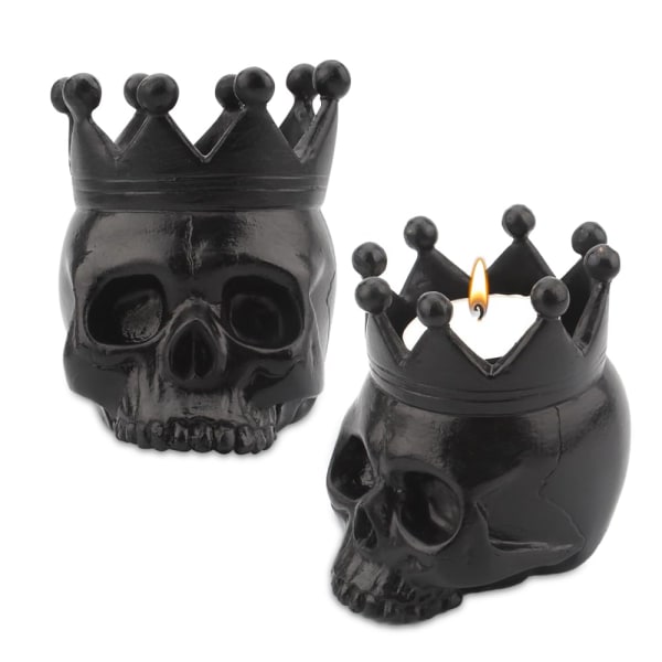 2st Skull värmeljusstake, harts skeletthuvud ljusstake, skalle värmeljushållare för heminredning, Halloween (svart)