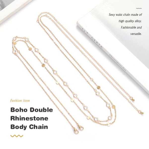 Boho Layered Rhinestone Belly Chain Guldpärlor Mage Midjekedjor Paljetter Bält Body Chain Smycken för kvinnor och flickor