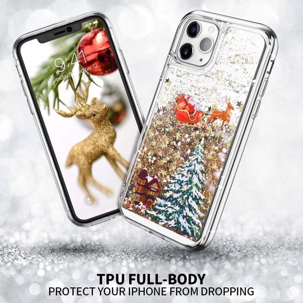 iPhone 11 Pro Max Case 6,5 tuuman case, 3D Creative Merry Christmas Tree Pattern Glitter Quicksand Flowing Bling Sparkle Söpö pehmeä TPU läpinäkyvä, kulta
