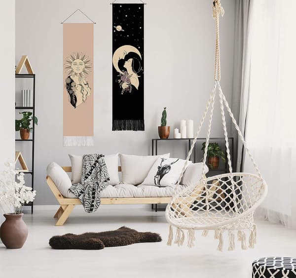 Boho-dekor Sol och Måne Gobeläng för Sovrum Estetik (32 x 137 cm) Svart Bomull Linne Gobeläng för Vardagsrum