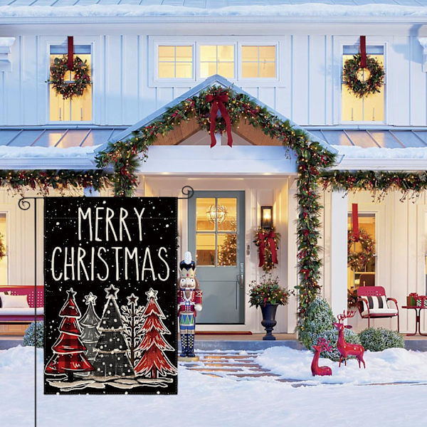 Merry Christmas -puutarhalippu 12x18 tuumaa, kaksisivuinen ulkokäyttöön, juhlallinen talvipihan ulkokoristelippu, musta
