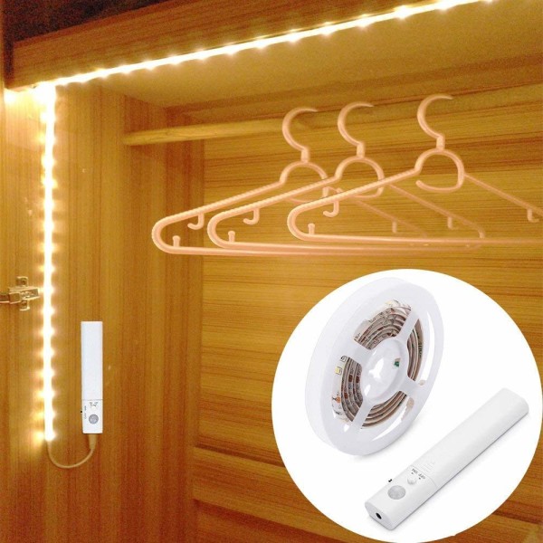 Sensor Garderobeskab Lys, 1M LED Strip Lys Natlys, 6000K Varm Hvid, Auto Til/Fra, Batteridrevet Warm White 1m