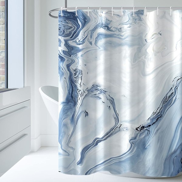 Dusjforheng, lyseblå marmorert stoff for bad, 180x180cm