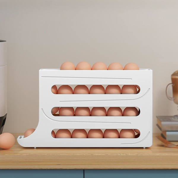 4 etasjers eggestativ for kjøleskap, automatisk eggrullestativ, 30 egg oppbevaringsstativ, eggfordeler for kjøleskap, egg oppbevaringsstativ (hvit)