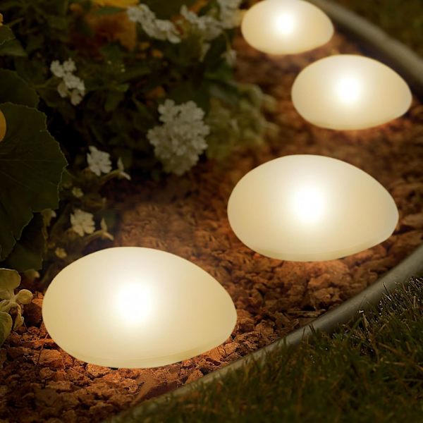 Sett med 4 Solcellelamper Utendørs Vanntette Solcelle Steingårdlamper Dekorative med Kald Hvit LED, Varmt Hvit