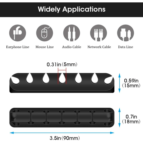 3-pack organizer , kabelhållare, kabelhållare självhäftande silikon trådhållare för att organisera USB laddningskabel/ power -svart Black
