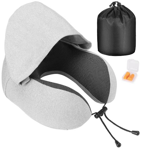 Nakkepute Memory Foam, Reisepute med hette, Komfortabel nakkepute med hette, Nakkepute Reise for soving, Lysegrå Light Gray