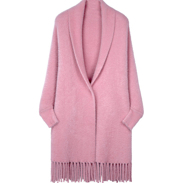 Vinterkappa med ärmar för kvinnor, enfärgad konstgjord mink sammet tröja, midilång kofta med tjock kappa pink