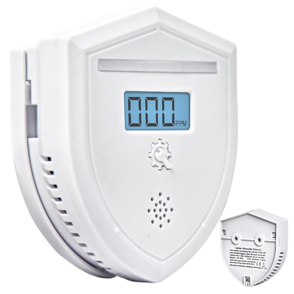 Kolmonoxiddetektor med hörbart alarm, högkänslig CO-sensor, LED-display, enkel installation, uppfyller EN 50291 för hemsäkerhet.