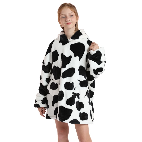 Lasten ylisuuri peittohuppari, sherpa-puettava peitto Fluffy Giant mukava hupullinen huppari lapsille teini dairy cow