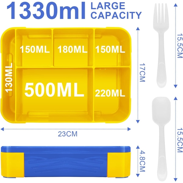 Lounasrasia , Bento Box Lounaslaatikko, jossa 5 lokeroa ja 1 salaattikastike, välipalarasia lapsille ja aikuisten työkoululle (sinikeltainen) Blue yellow