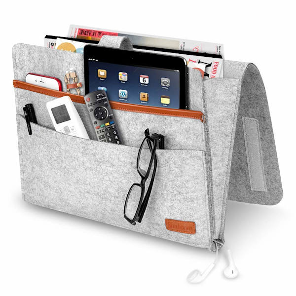 Sengarrangør, filtsengpose, skridsikker sengebordspose, sofa seng hængende opbevaring til bøger, blade, iPad, mobiltelefon, fjernbetjening Light Gray