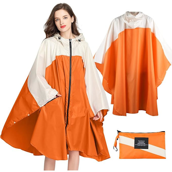 Regnjakke Dame Herre Regnponcho Regnfrakk Vanntett Lett Regnklær med Hette Regnkappe Jakke Regnponcho Kappe beige+orange