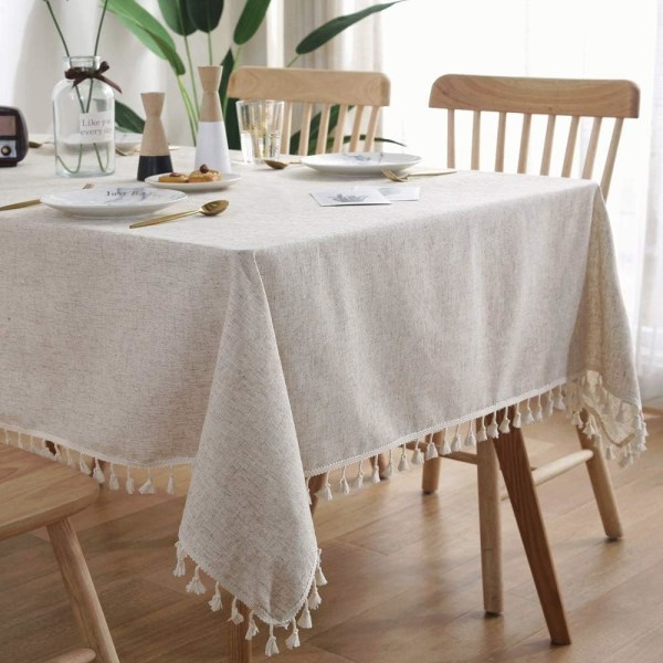Bomuldslinned Duge med Kvast, Ensfarvet, Aflang, Støv- og Krympefri, Til Køkken, Spisestue, Picnic, Dekoration (Beige, 140 x 220 cm) 140*200cm