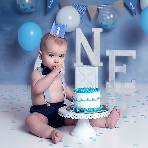 Första födelsedagskrona för bebis, 1-års födelsedagshätta med elastiskt band, koncis söt födelsedagshätta dekorationer (blå)