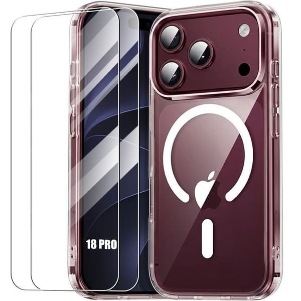 Skyddsfodral för iPhone 18 Pro, stötdämpande hårt med magnetisk ring - 2 härdade glas Transparent
