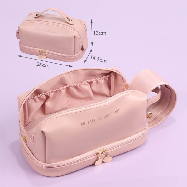 Kosmetisk väska med stor kapacitet, dubbla lager resesminkväska, PU bärbar vattentät toalettväska för kvinnor, flickor (rosa) Rose gold