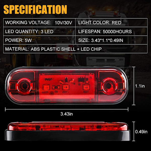 4 st LED-positionsljus fram och bak, 12 V, för lastbilar, husbilar och husvagnar (röda)