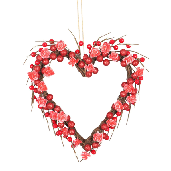Valentinsdag krans Romantisk lys op hjerte krans rød rose og bær hoveddør krans valentine dekorationer indendørs udendørs (rød, 35 cm / 14 tommer)