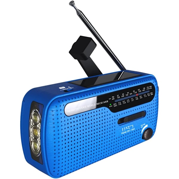 Kantava radio, käsikampi/akku ja verkko/aurinkokennotransistoriradioasema, sääradiohätälaite taskulampulla ja puhelimen laturilla