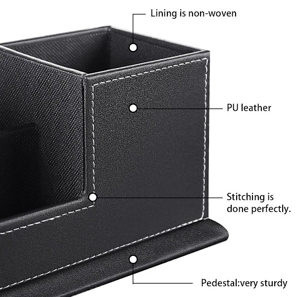 Pen holder, skrivebordsarrangør, praktisk penneæske med 4 rum, elegant PU læder kontorarrangør, multifunktionel pen holder skrivebord, pen holder black