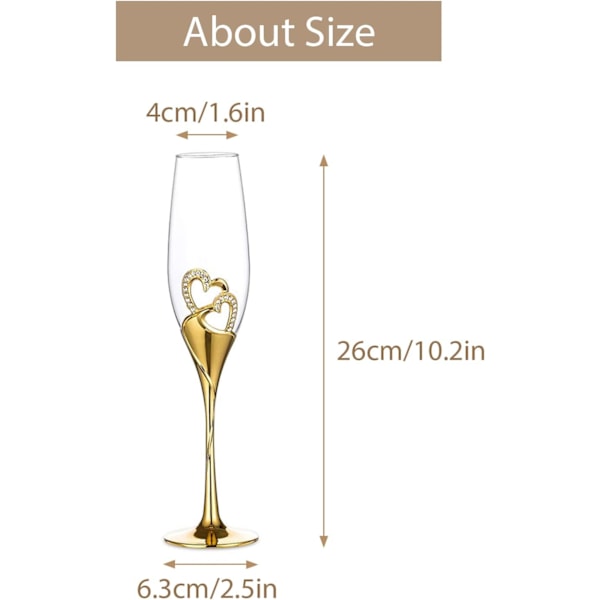 Bryllups champagne glas sæt sølv skål fløjter glas pakke med 2 med rhinsten kant hjerter dekoration, guld