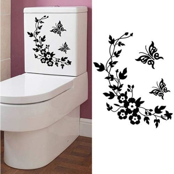 Gör-det-själv Fjärilsblomma Badrum Heminredning Väggdekaler Dekorativt toalettdekal Pålitlig kvalitet Hållbarhet (svart)