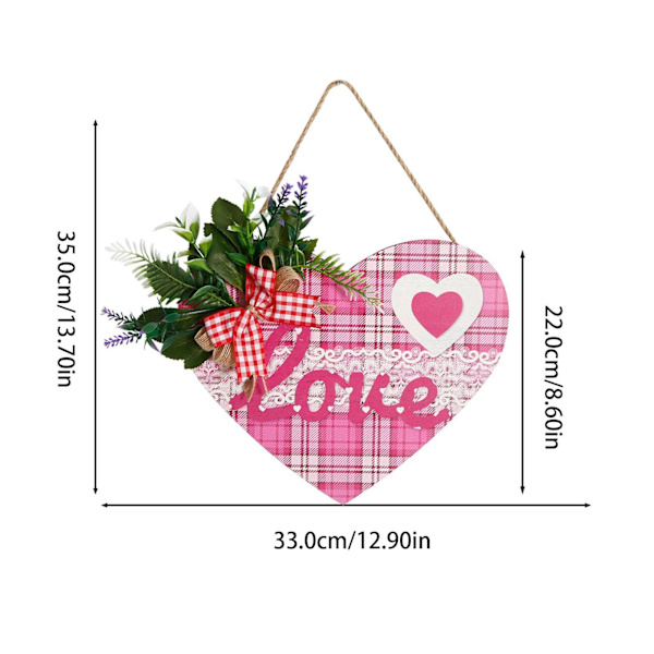 Valentine-krans, Valentinsdag hjertedekor - Treteskilt med kunstig blomst dørhenger, rosa røde hjerteformede dekorasjoner Pink