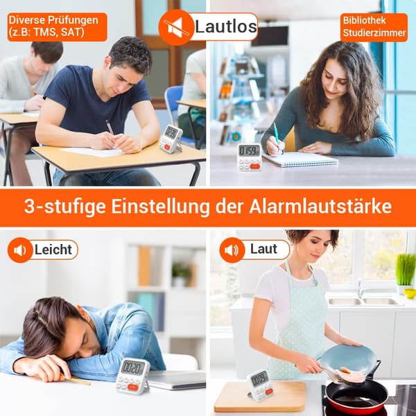 Digital kökstimer magnetisk stoppur timer med klocka, magnet, 3-nivå volym, LCD-display för matlagning, sport, studier, 2 AAA-batterier
