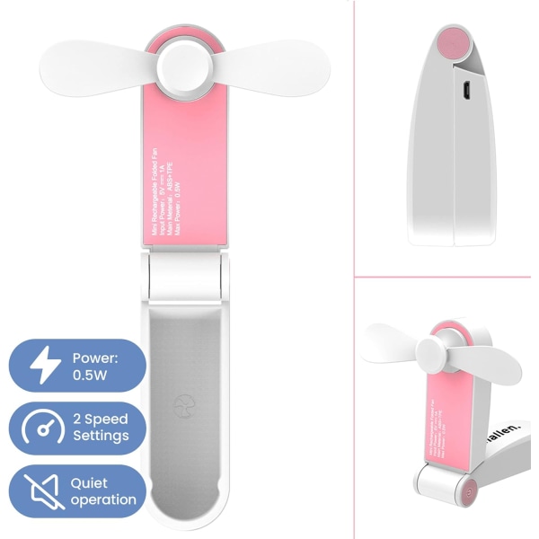 Handhållen minifläkt Bärbar hopfällbar fickfläkt USB uppladdningsbar laddningsbordsfläkt Små resefläktar för hem, kontor, resor, camping (rosa) Pink