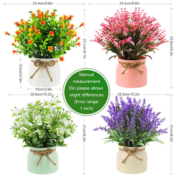 Kunstige potteplanter - Sett med 4 kunstige potteblomster Kunstig plante for innendørs utendørs hjem Kjøkken Kontor Skrivebord Bryllupsdekor