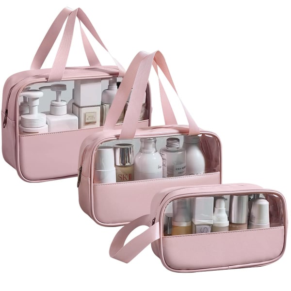 Gennemsigtig kosmetik taske 3-pak, vandtæt PVC toilettaske til kvinder, let makeup taske til kosmetik, toilettaske rejsesæt (Pink) pink