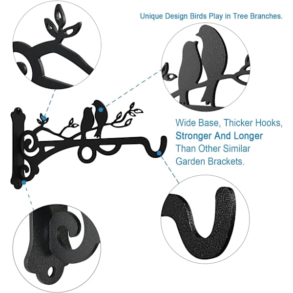 Sturdy Hängande Korgfästen för Växter, Metallhängare Utomhus Inomhus Dekor, Väggmonterade Krokar för Trädgårdsblommor/Lykta/Ljus, 2-pack Svart