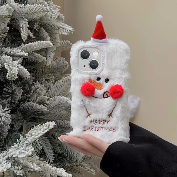 iPhone 14 Case, Case Söpö ihana lumiukko, pörröinen turkispehmo , jossa 3D-jouluhattu Pehmeä TPU iskunkestävä cover 6,1 tuumaa - Lumiukko