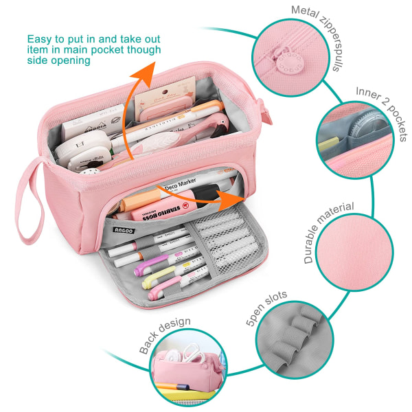 Stor blyantæske Super stor blyantæske til kvinder Lynlås Smoothy Pen Etui Pung Holder Stationery Organizer Duarable Skole Blyantæsker  Pink