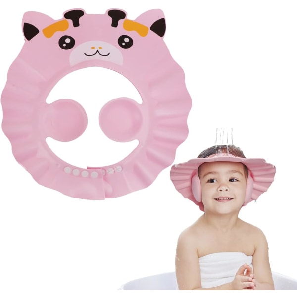 Babydusjhette for øyne Ører Ansikt, justerbar dusjbeskytter Hårvaskskjold Øreklokke Vanntett badehette for småbarn Barn (rosa) Pink cow