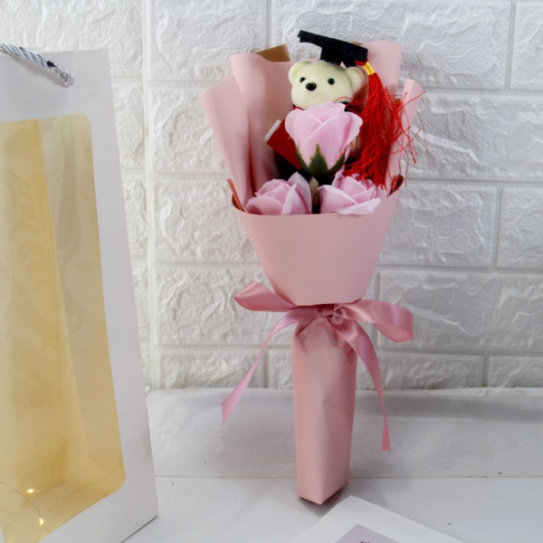 Graduation Kunstig Blomsterbuket Mini Plys Graduation Bear Buket, Bear Rose Buket Dukke Buket Graduation Blomsterarrangementer (Pink)