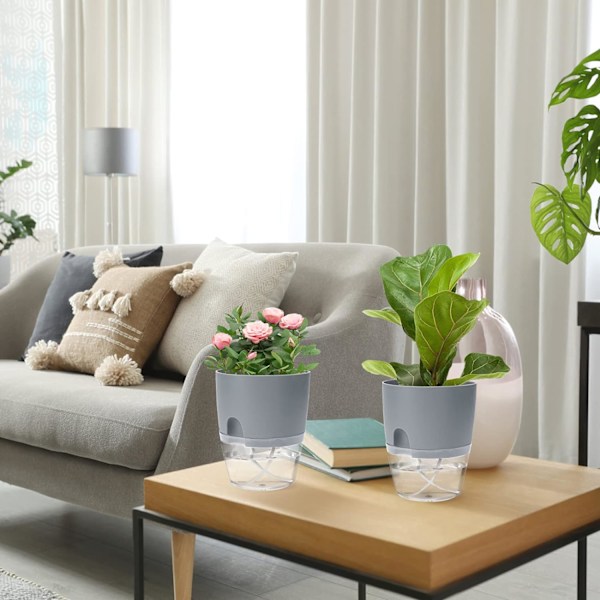 Självbevattnande blomkruka för inomhusbruk, blomkrukor med bevattningssystem grå (4 st) Grey