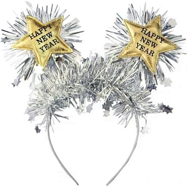 Gott Nytt År Huvudband Tiara Gott Nytt År Huvudband med Stjärnboppers och Guldpaljetter, Glitter Nyårs Huvudband, Silver